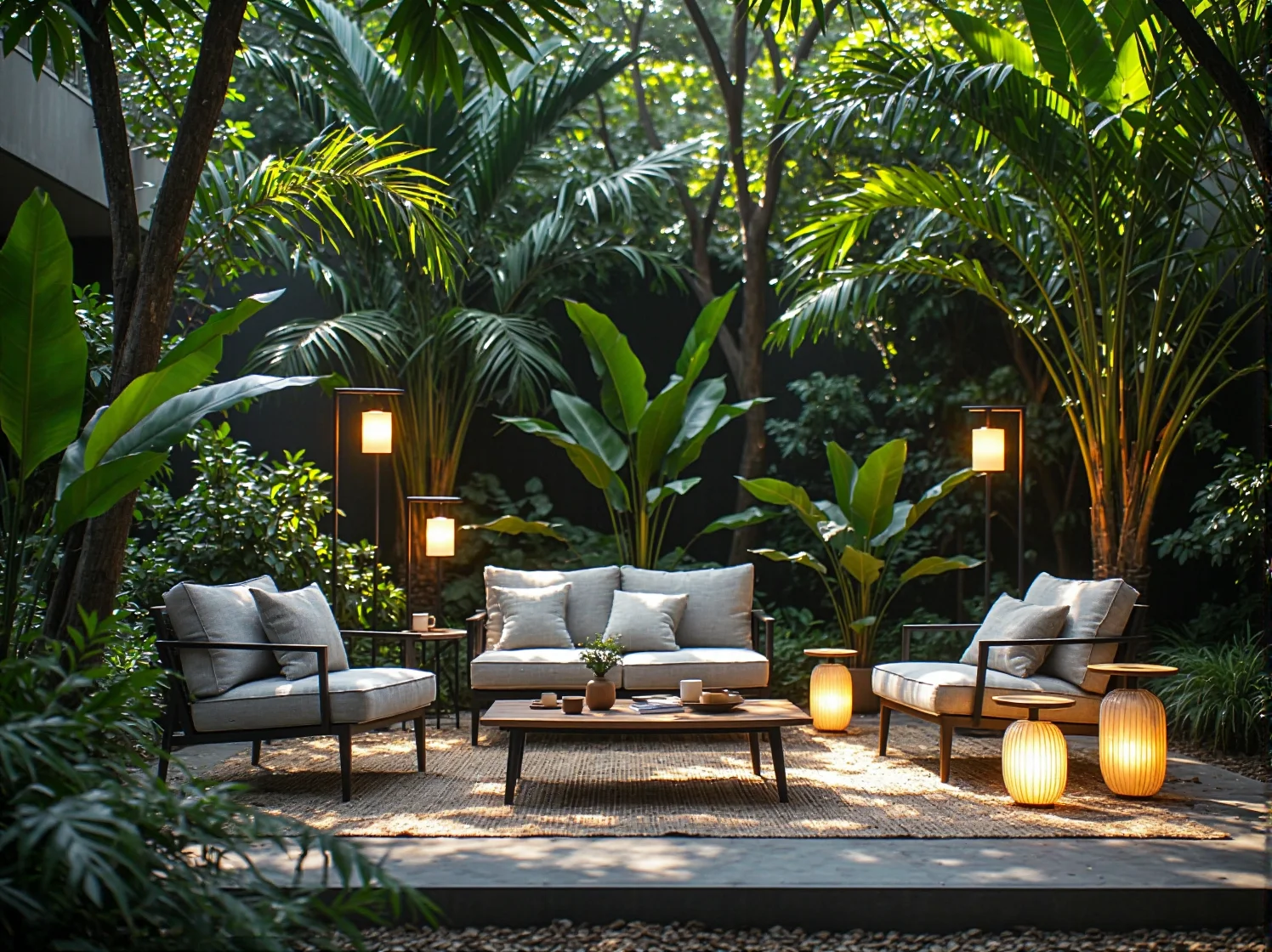 Lampiony rattanowe tworzące nastrojowe oświetlenie w tropikalnym ogrodzie.