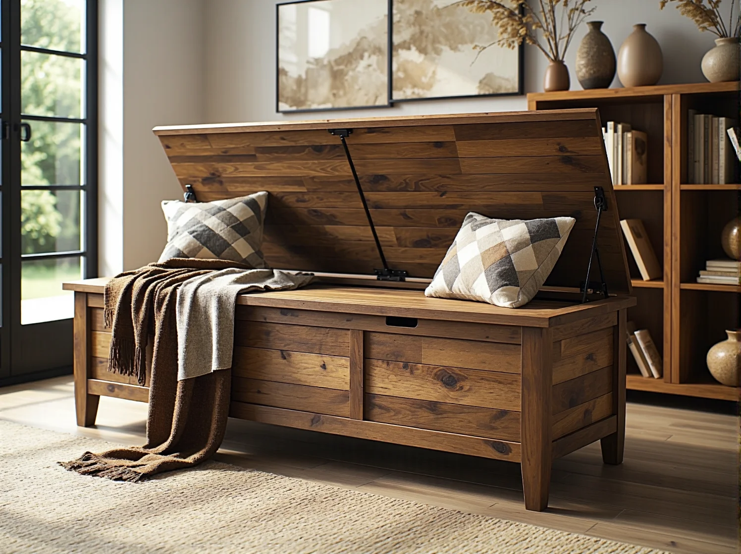 Drewniana ławka z pojemnikiem u wezgłowia łóżka, zapewniająca dodatkowe miejsce na pościel w sypialni.