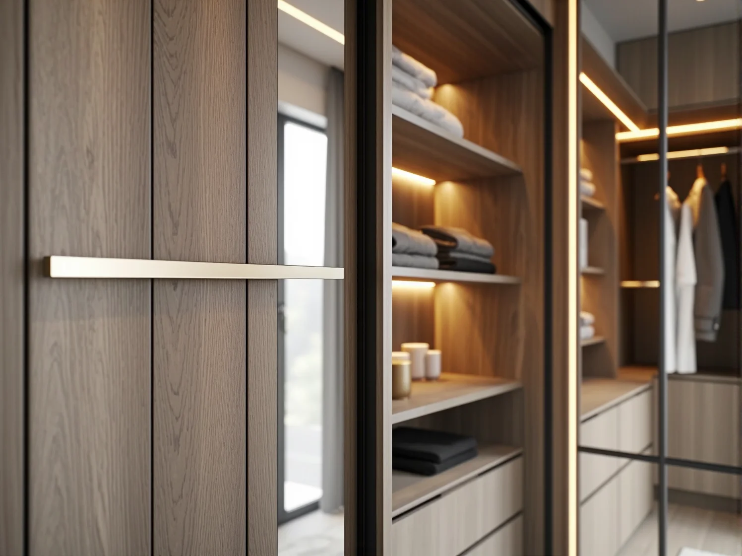 Luksusowa szafa przesuwna w stylu glamour z czarnymi frontami i srebrnymi detalami.