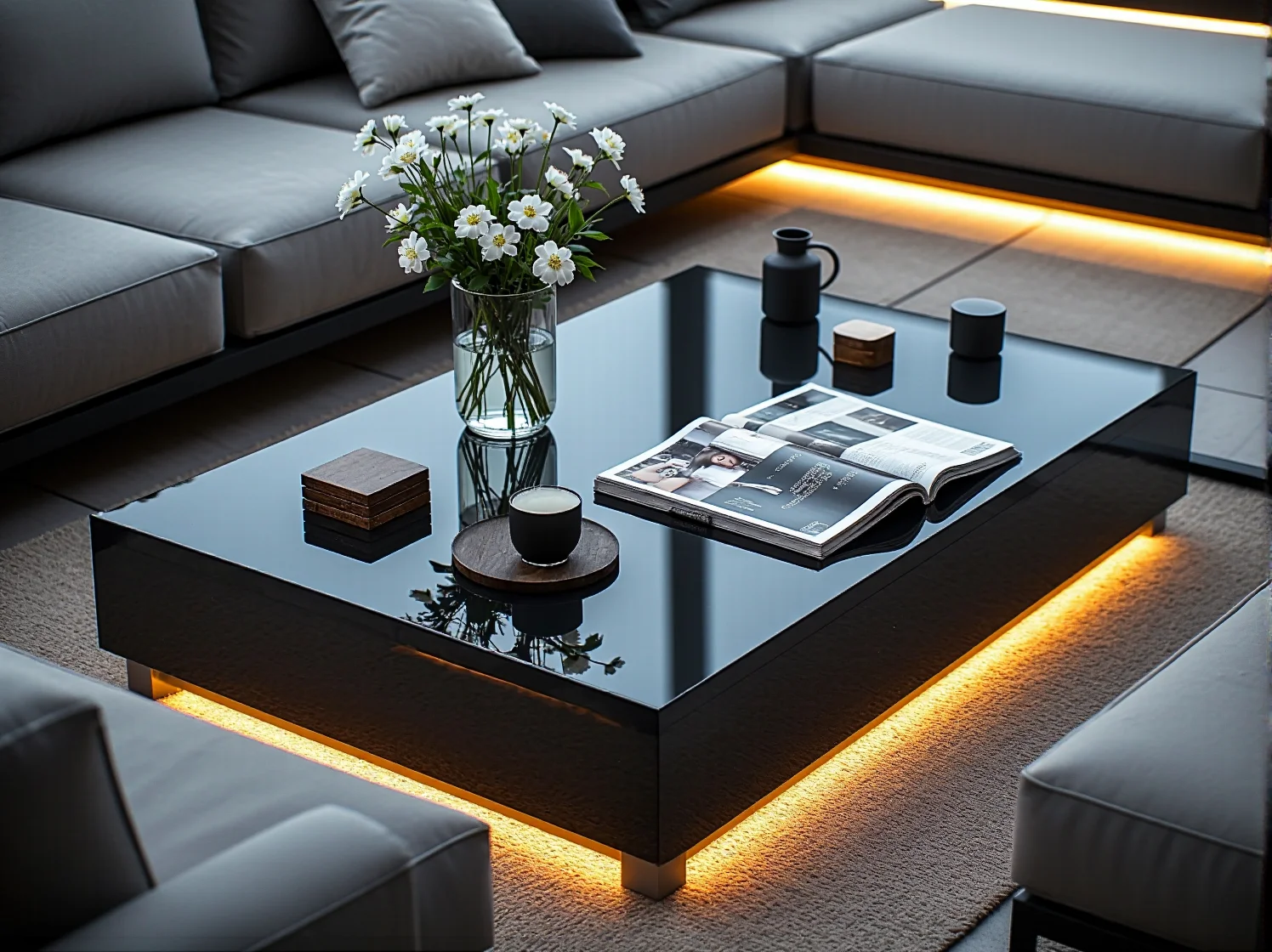 Gra świateł LED na luksusowych dodatkach i teksturach na tarasie w stylu glamour.