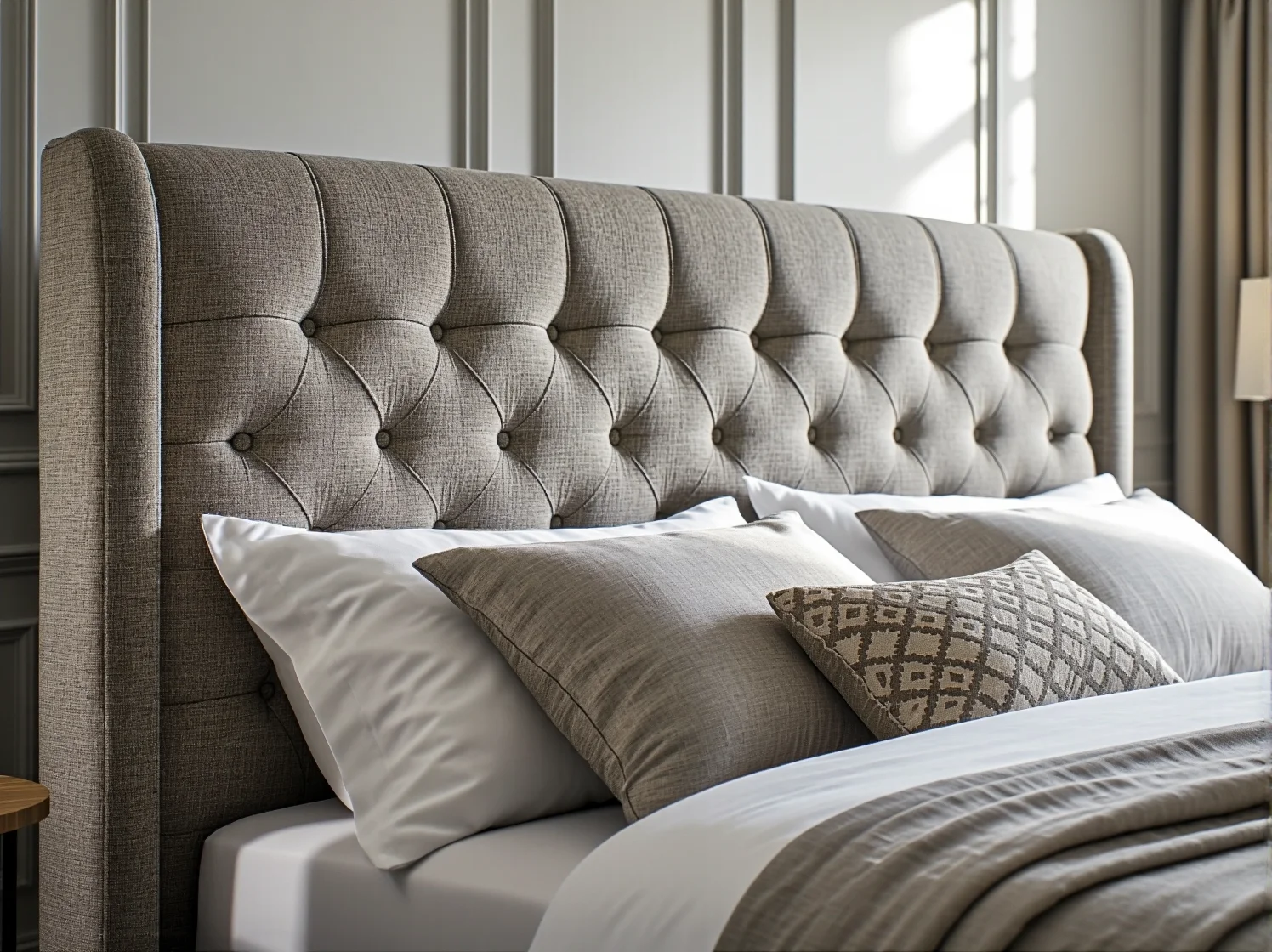 Sypialnia modern classic w stonowanej kolorystyce z wygodnym łóżkiem jako centralnym punktem luksusowego wnętrza.