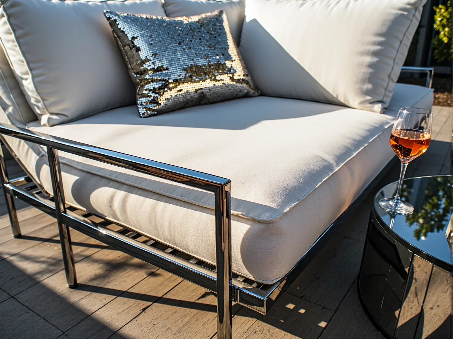 Luksusowy leżak ogrodowy w stylu glamour z miękkimi poduszkami, idealny do strefy relaksu w ogrodzie.