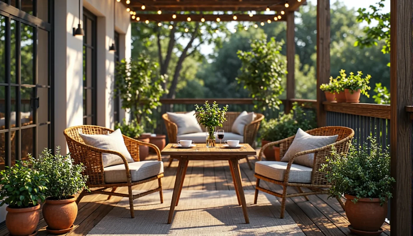 Jak urządzić mały balkon w stylu rustykalnym z funkcjonalnym oświetleniem?