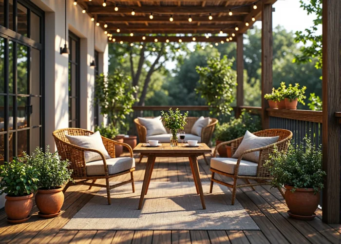 Jak urządzić mały balkon w stylu rustykalnym z funkcjonalnym oświetleniem?