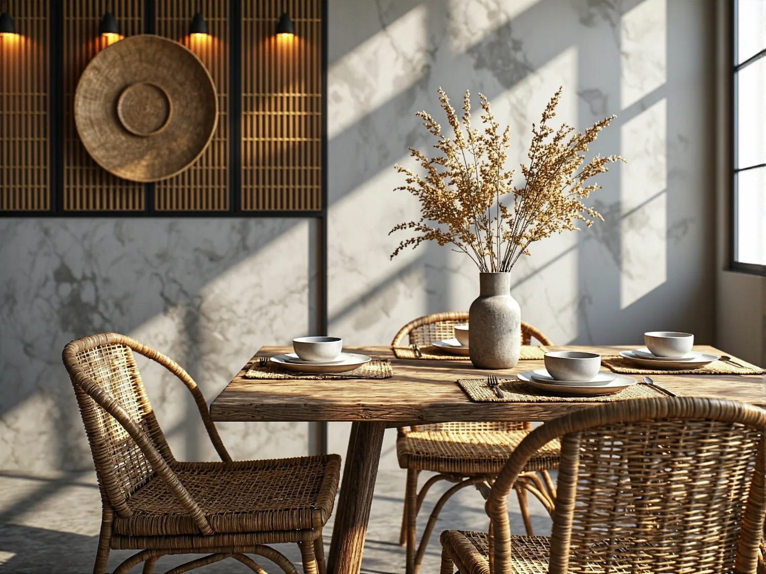 Aranżacja przestrzeni restauracyjnej w stylu boho z wykorzystaniem wiklinowych foteli i stolików z naturalnego drewna.