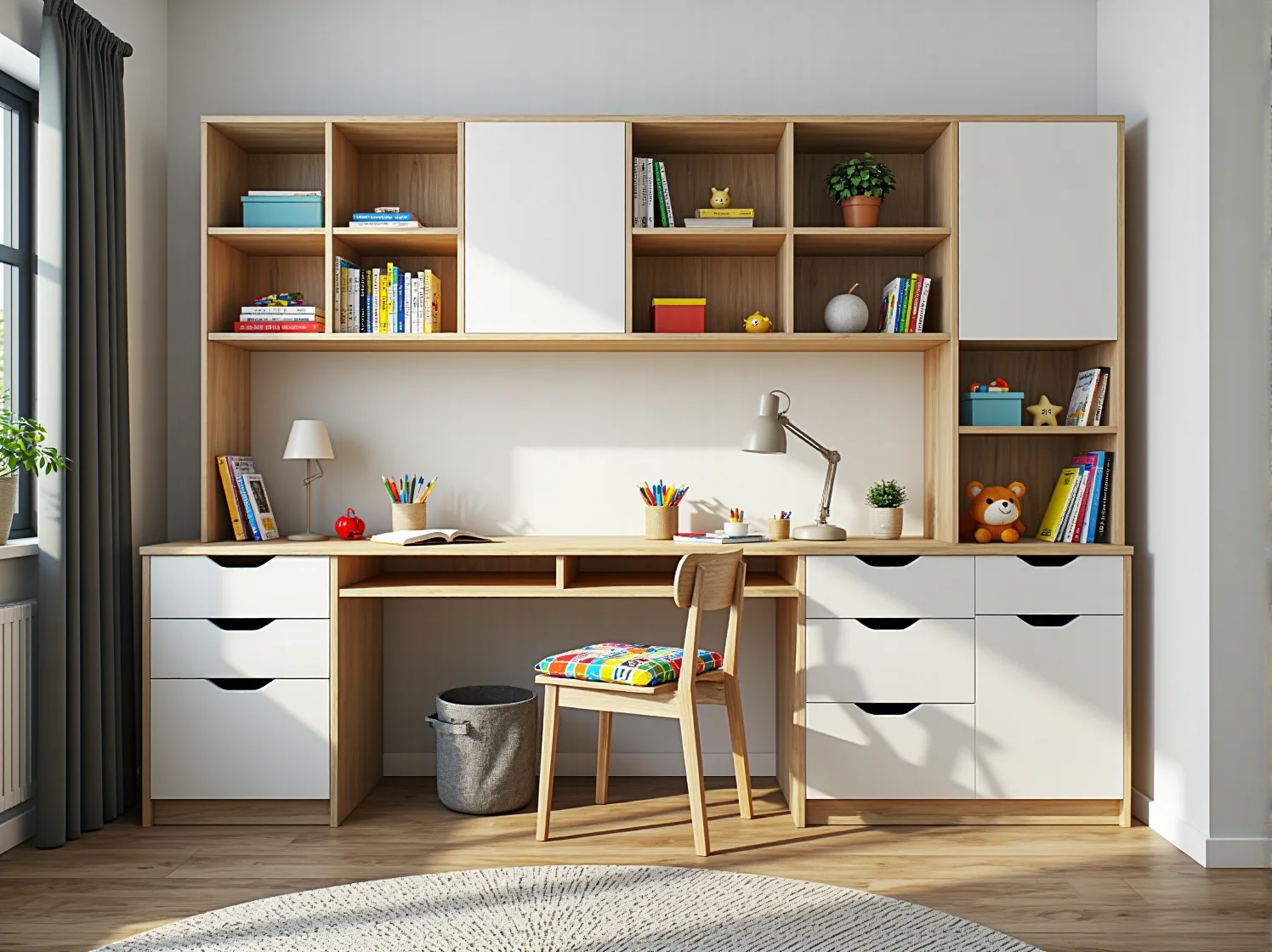 Funkcjonalne meble modułowe w pokoju dziecięcym, zapewniające dużo miejsca do przechowywania zabawek i nauki.