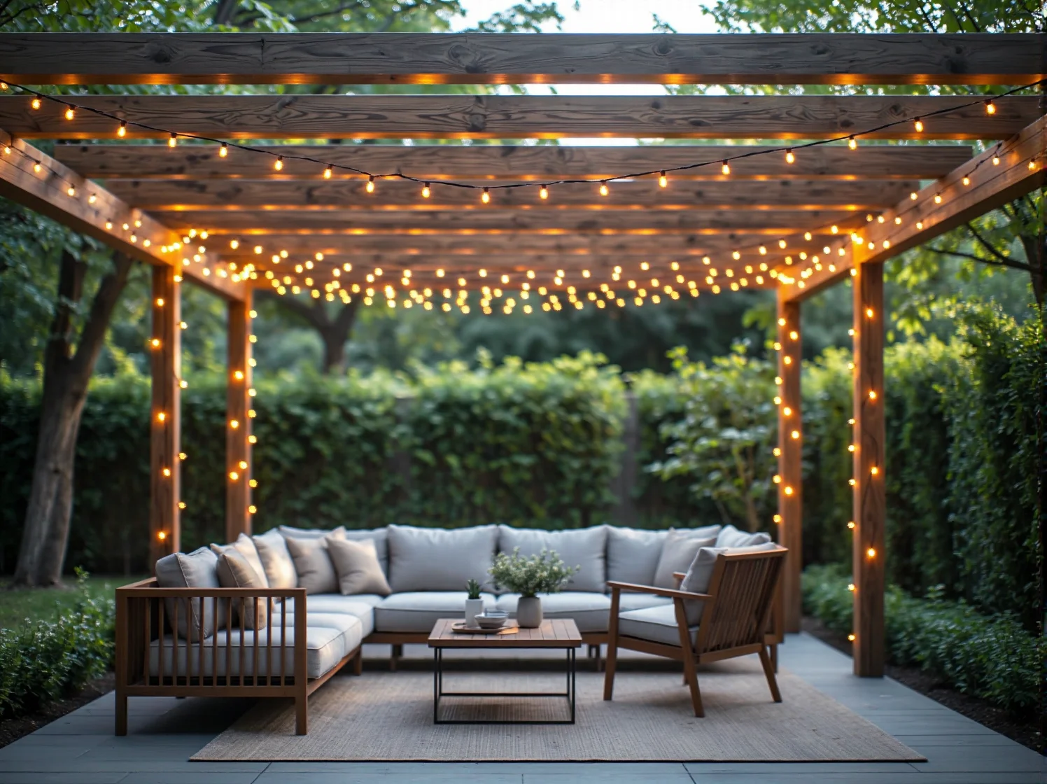 Minimalistyczne oświetlenie elewacji i roślin w ogrodzie. Dyskretne punkty świetlne podkreślające architekturę.