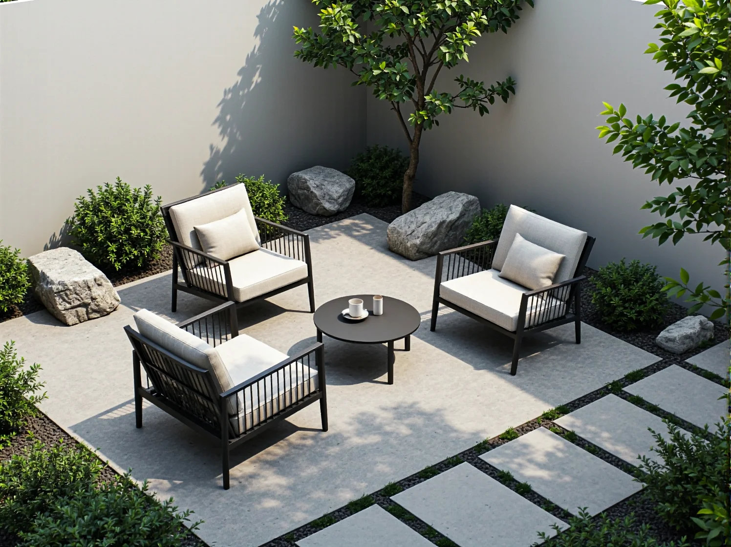 Minimalistyczny stół ogrodowy z krzesłami w nowoczesnej strefie relaksu.