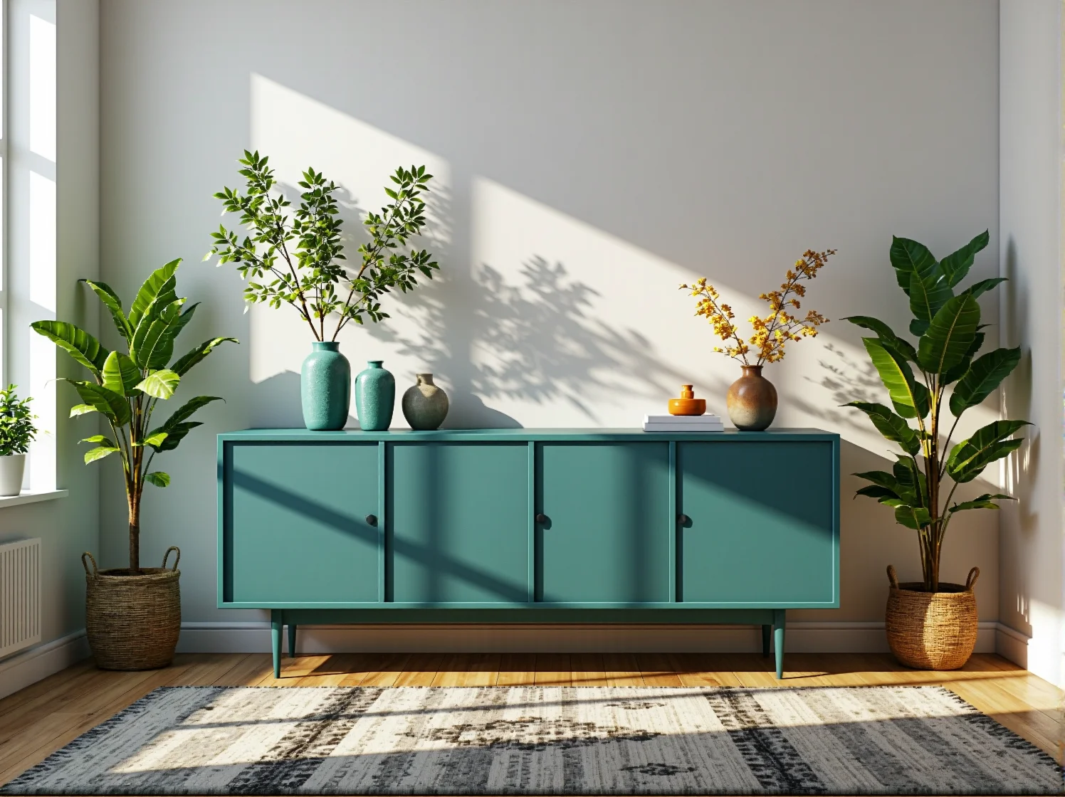 Turkusowa komoda retro z trzema drzwiczkami na drewnianych nóżkach