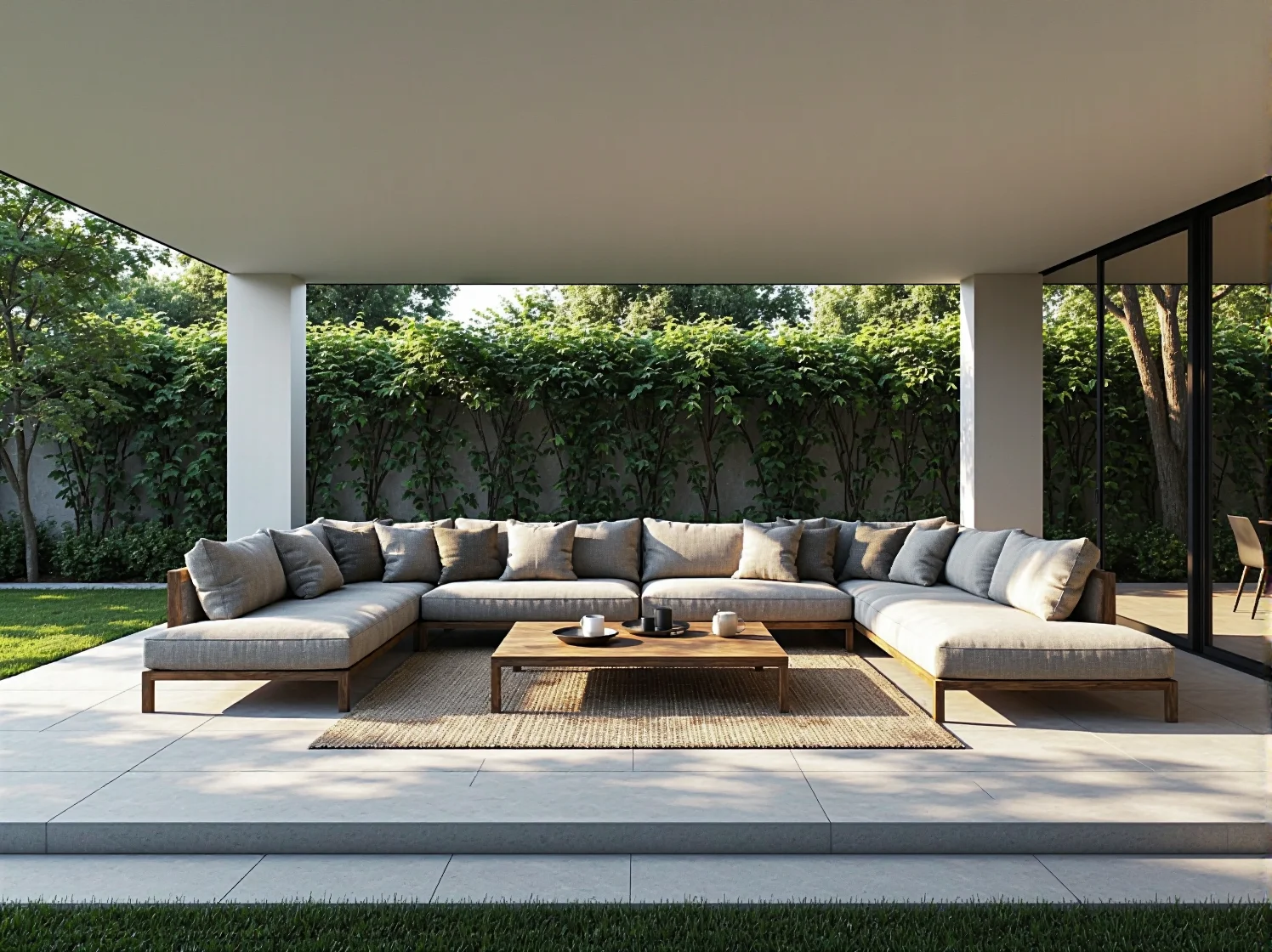 Narożnik tarasowy drewniany z szarymi poduszkami i stolikiem kawowym