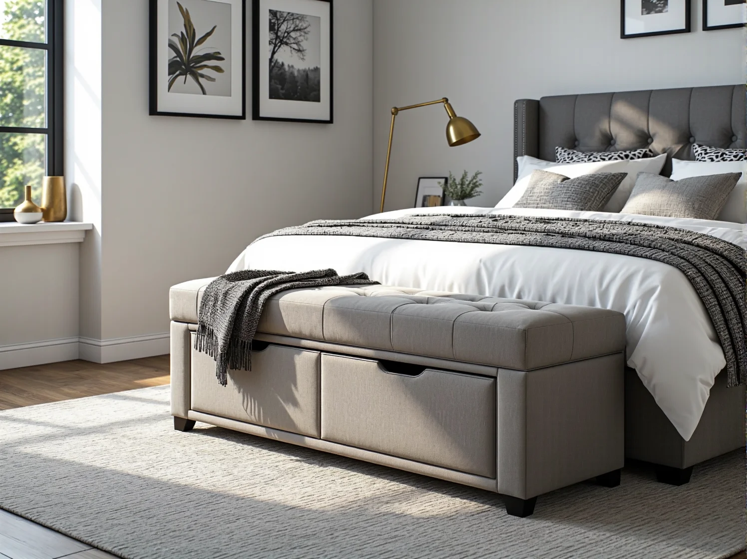 Nowoczesna, tapicerowana ławka do przedpokoju z funkcją przechowywania, łącząca styl i porządek.