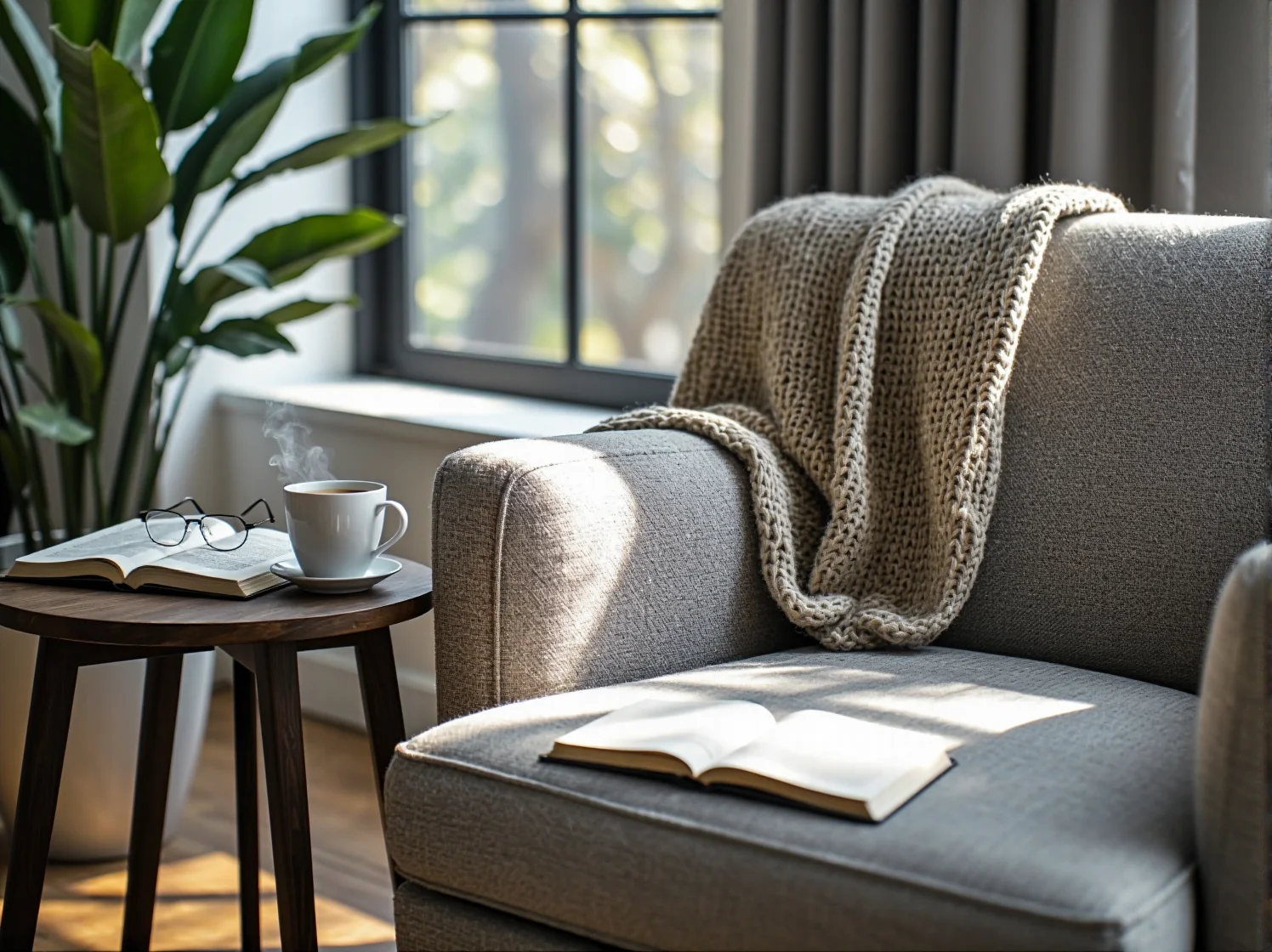 Jasne kolory i nastrojowe oświetlenie w aranżacji małego salonu jako strefy relaksu.