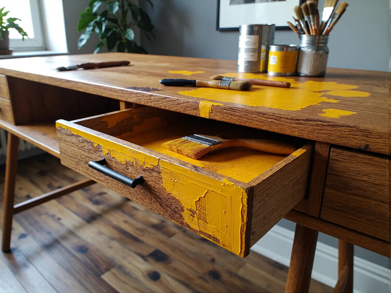 Nakładanie farby kredowej na drewniany stolik kawowy w klimacie vintage.