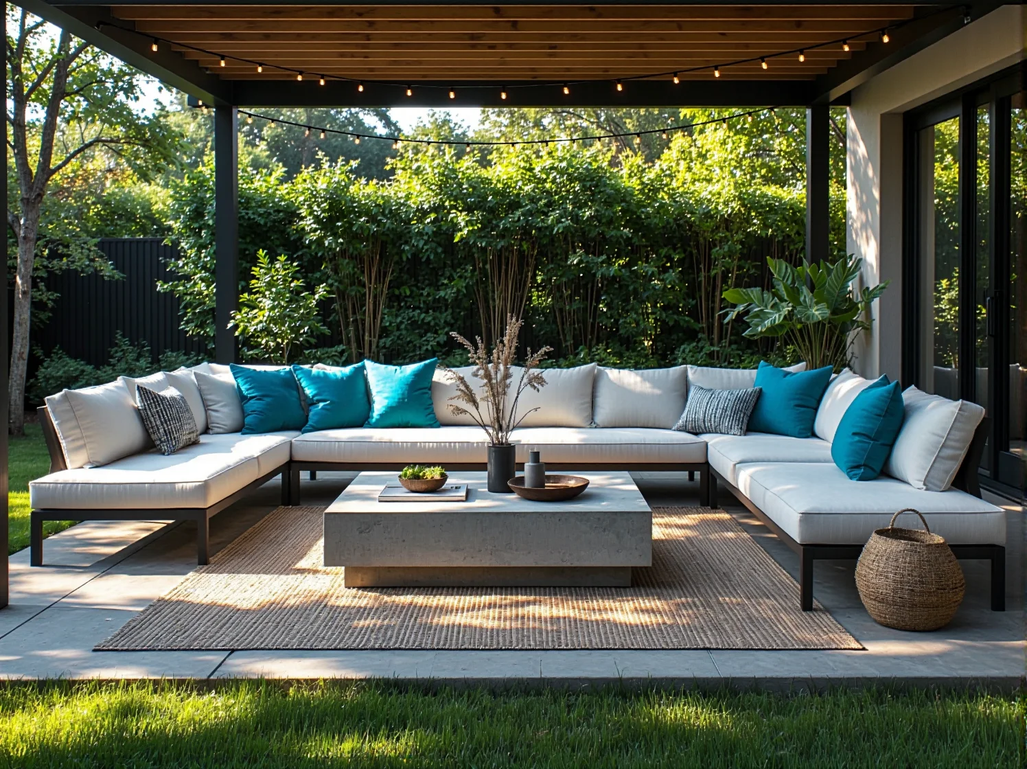 Narożny zestaw wypoczynkowy ogrodowy szary z turkusowymi poduszkami