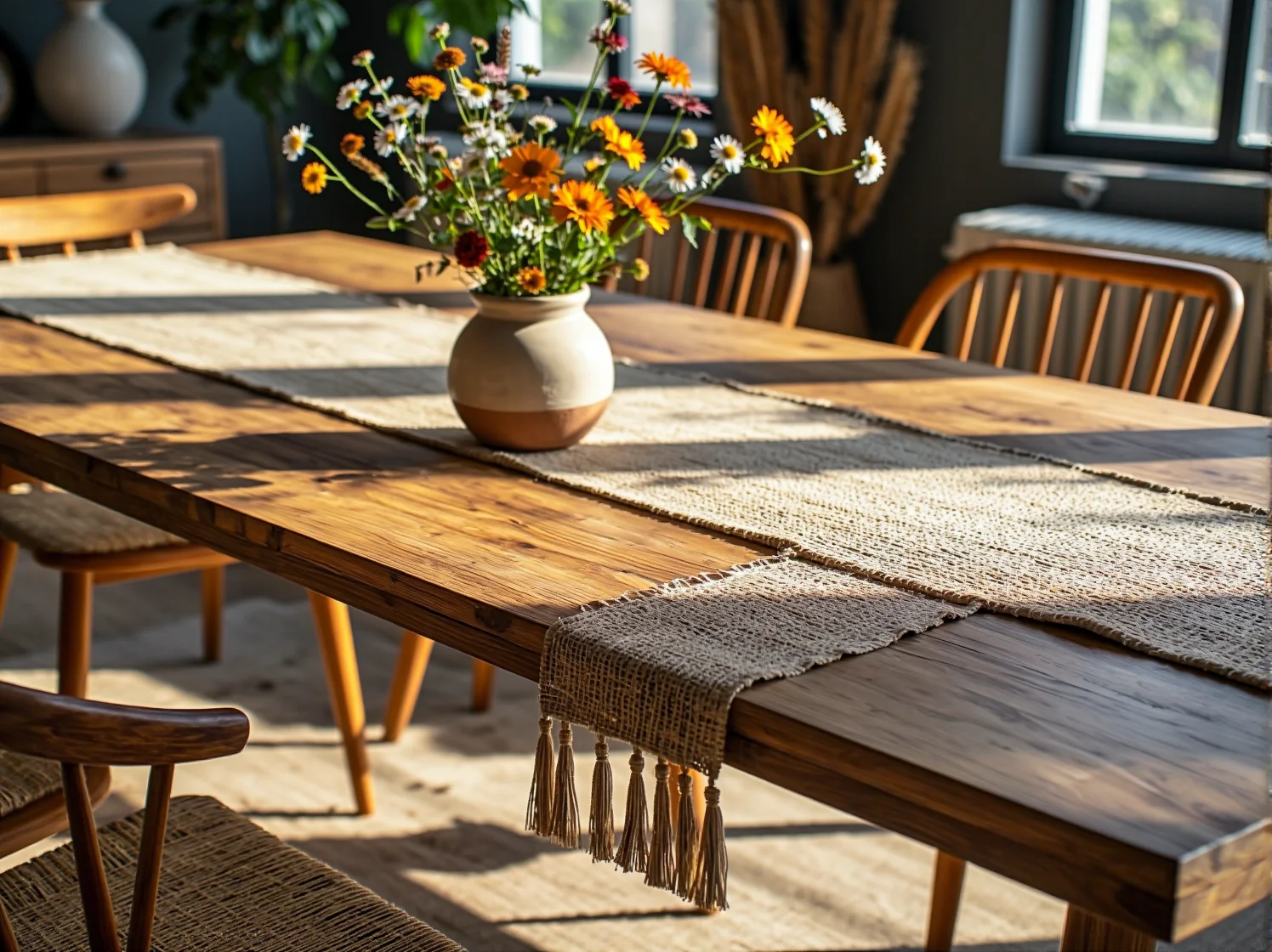 Okrągły stół jadalniany boho otoczony rattanowymi krzesłami, tworzący ciepłą i naturalną atmosferę w jadalni.