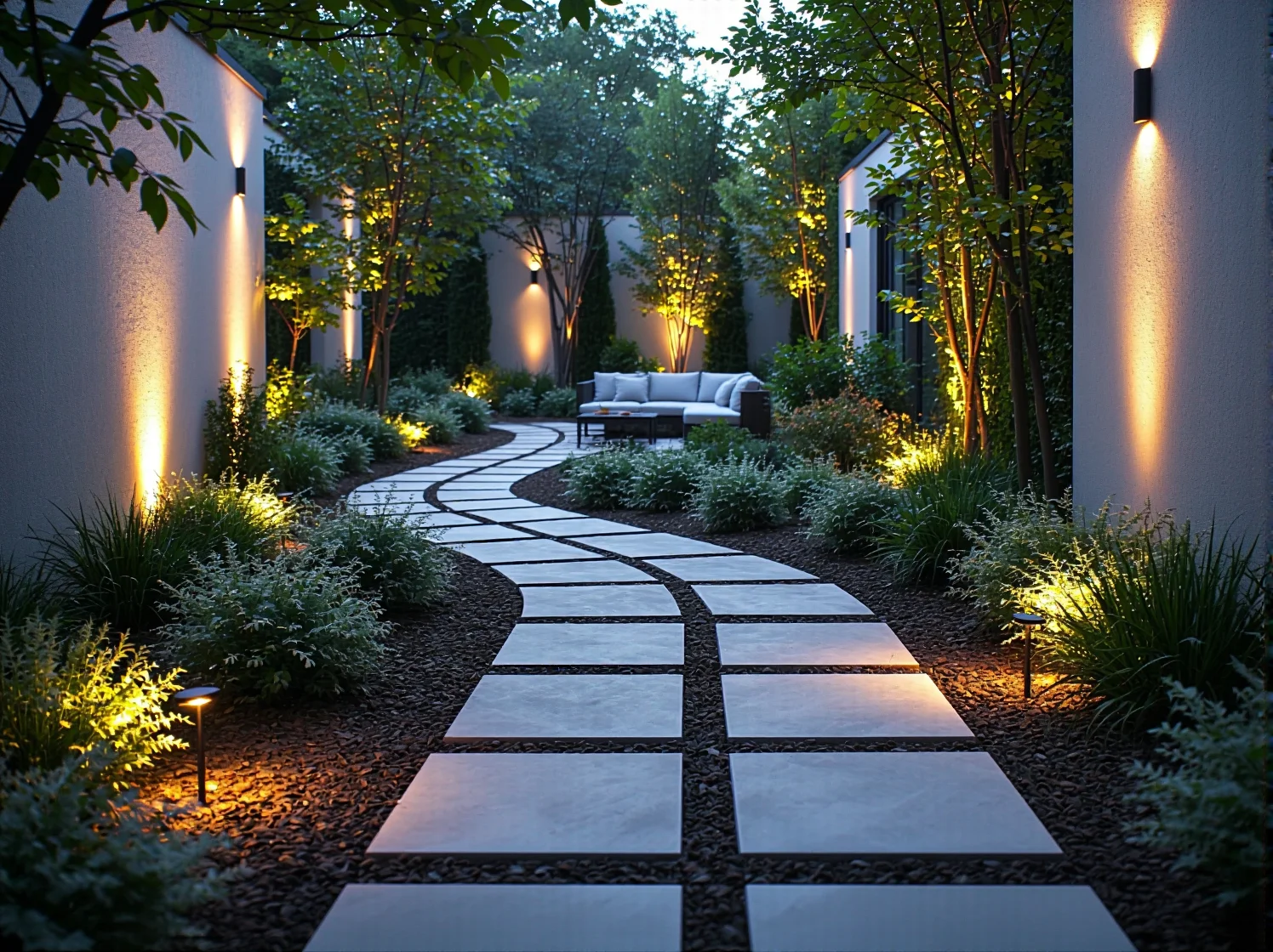 Oprawy najazdowe wbudowane w drewnianą ścieżkę ogrodową, dyskretne i funkcjonalne oświetlenie zewnętrzne.