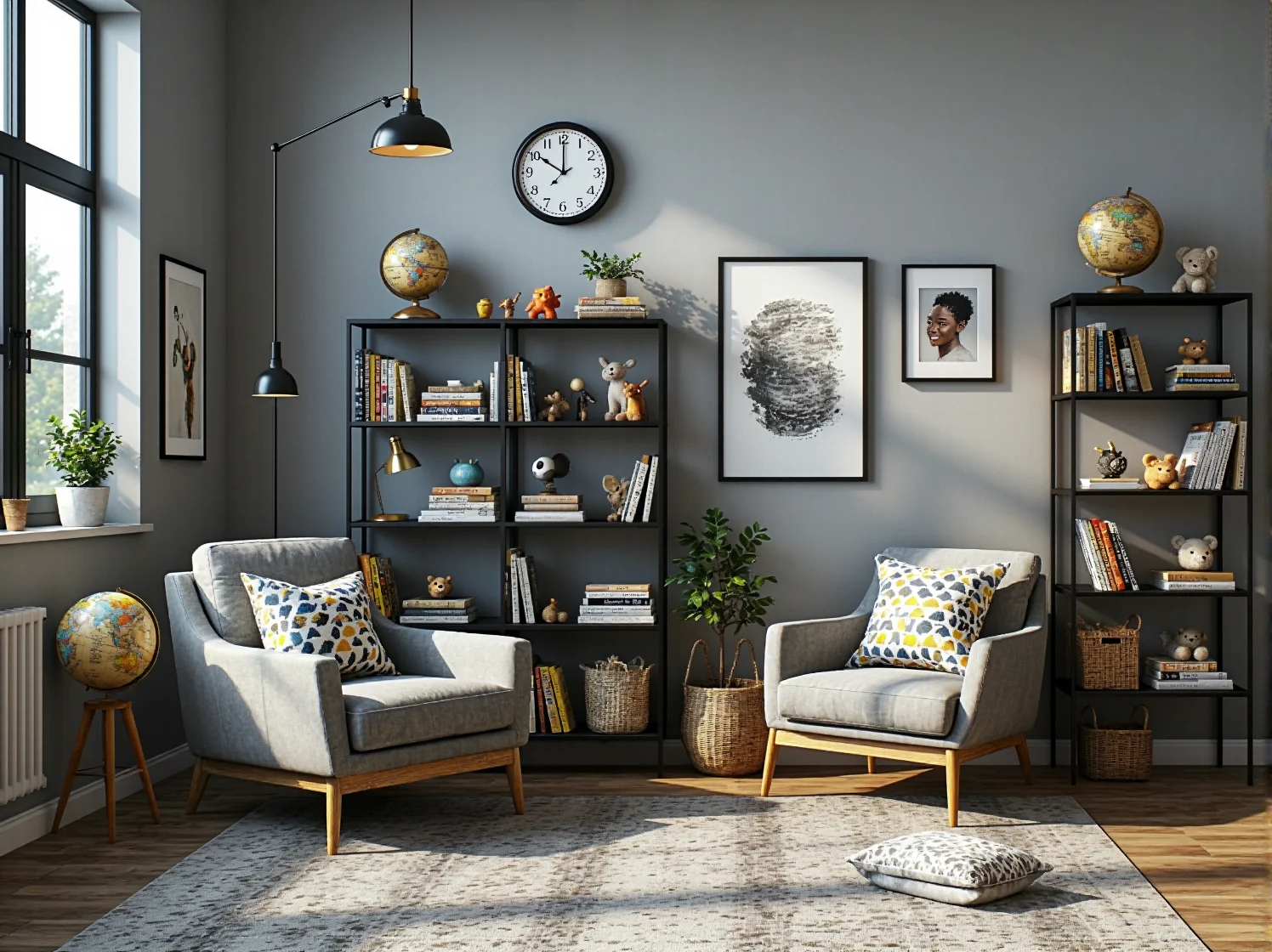 Industrialne oświetlenie w pokoju dziecięcym: czarne, metalowe lampy wiszące nad strefą do nauki.