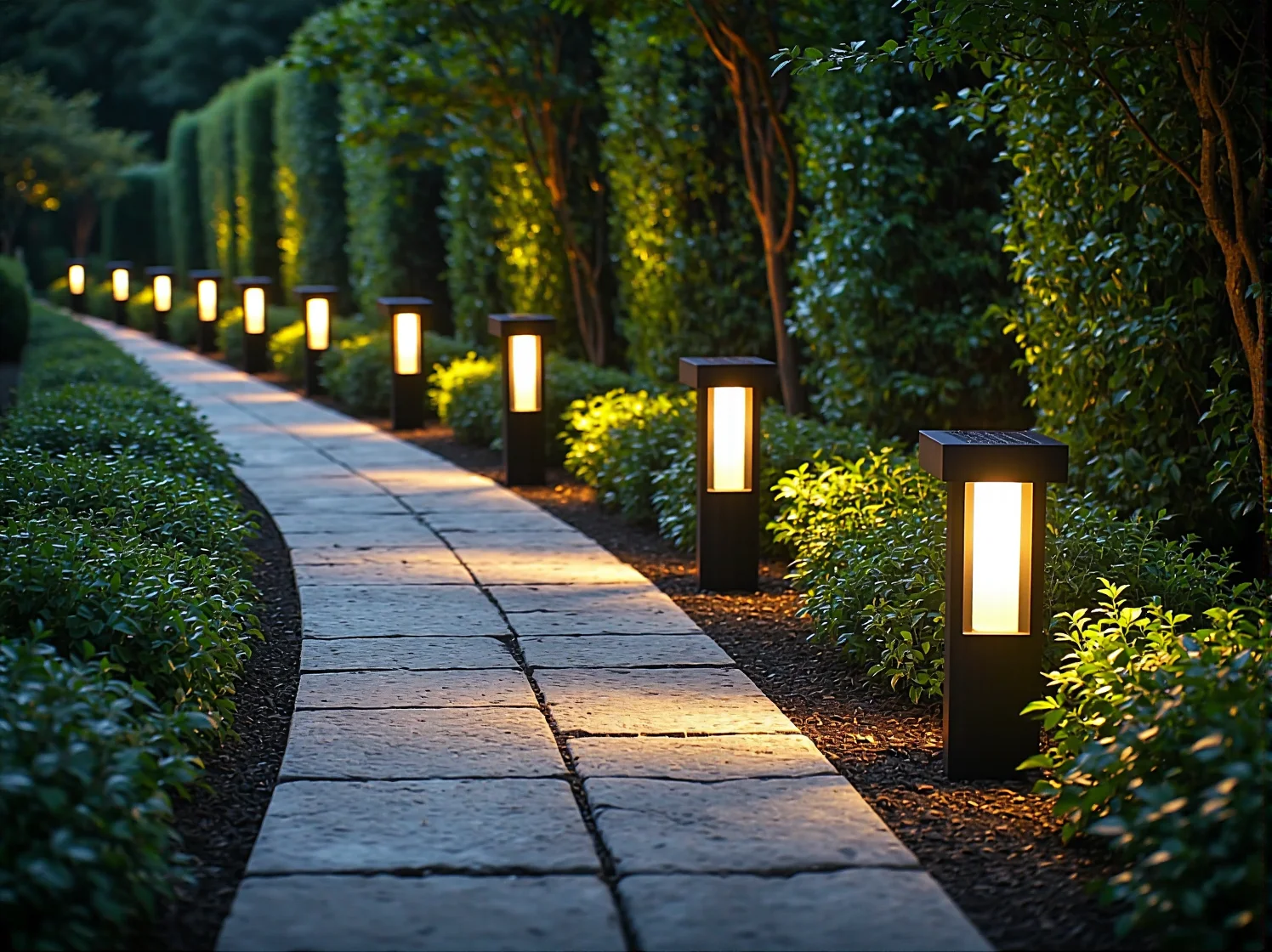 Dyskretne lampy solarne wbijane w ziemię, oświetlające rośliny w gęsto zacienionym miejscu pod dużymi krzewami.