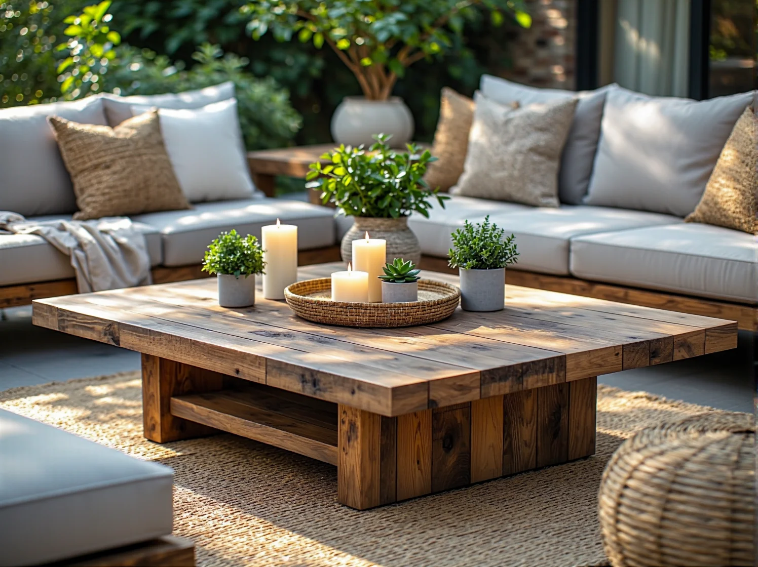 Nastrojowe oświetlenie tarasu z girland świetlnych i lampionów, tworzące klimat do wieczornego relaksu.