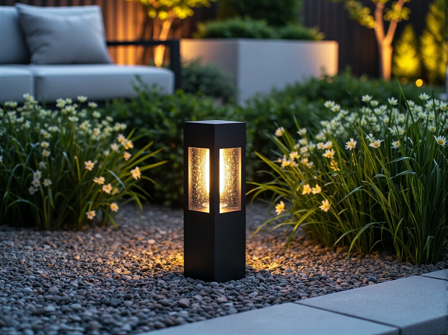 Delikatne podświetlenie LED roślin i krawędzi ścieżki ogrodowej zapewniające bezpieczeństwo po zmroku.