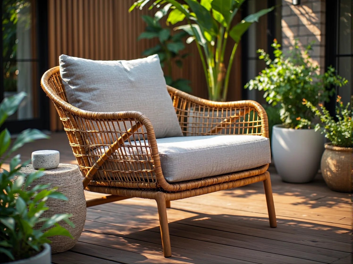 Składane meble i rośliny na małym tarasie w bloku, idealne rozwiązanie do mikroapartamentu.