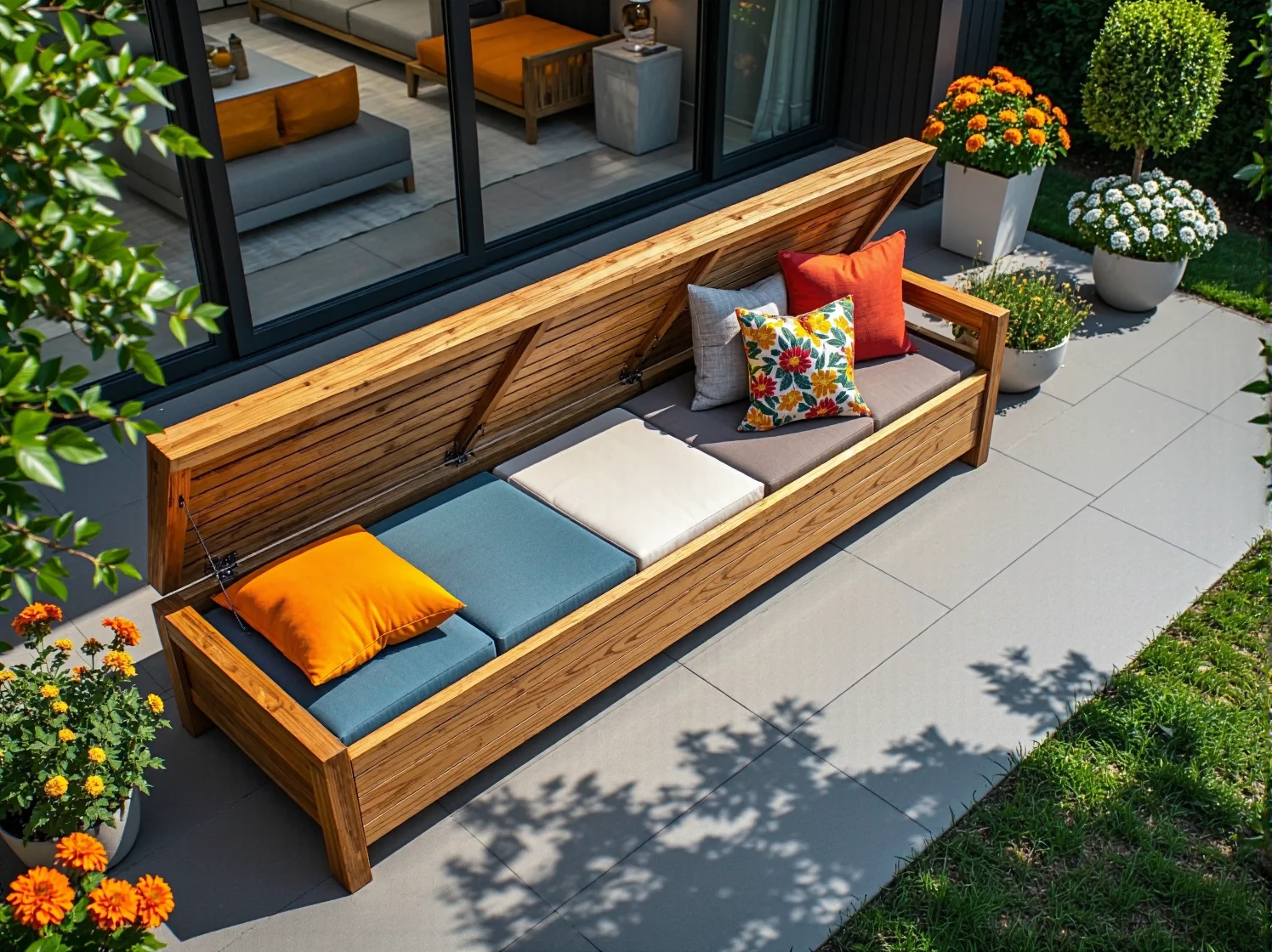 Praktyczna ławka do siedzenia z ukrytym schowkiem, ułatwiająca organizację w małym przedpokoju.