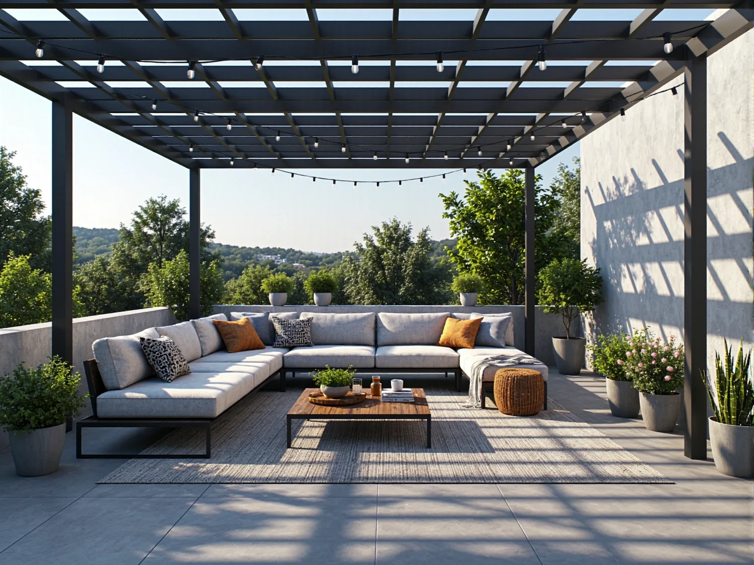 Detale aranżacji tarasu: lampiony, koce i narożnik tworzące przytulny klimat wieczorową porą.