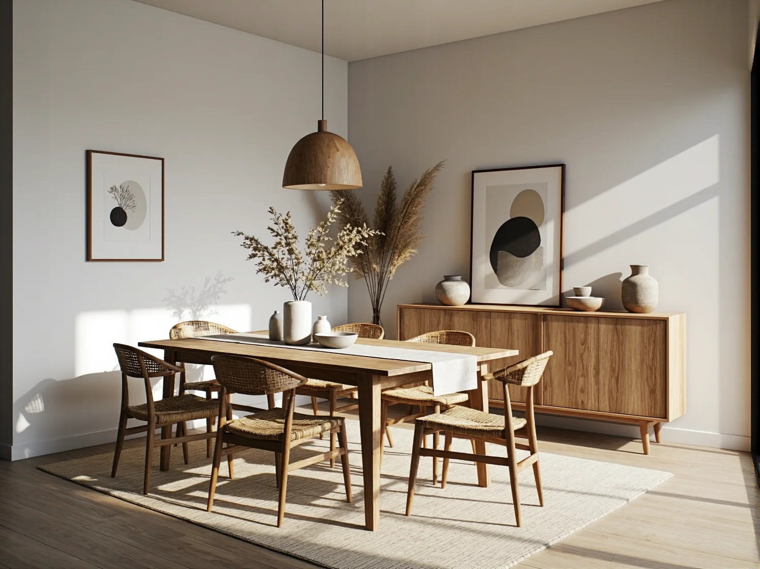 Przytulne wnętrze japandi z rattanowymi elementami i miękkimi tekstyliami