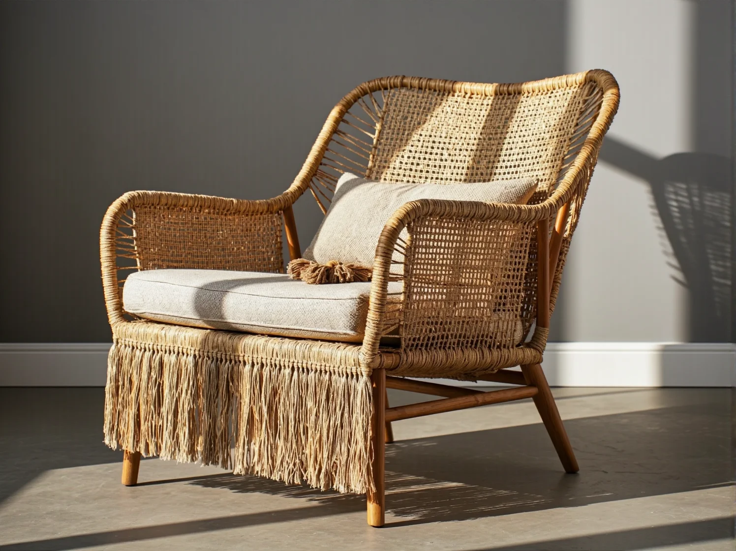 Stylowy fotel boho z rankingu najlepszych mebli tapicerowanych do kącika relaksu.