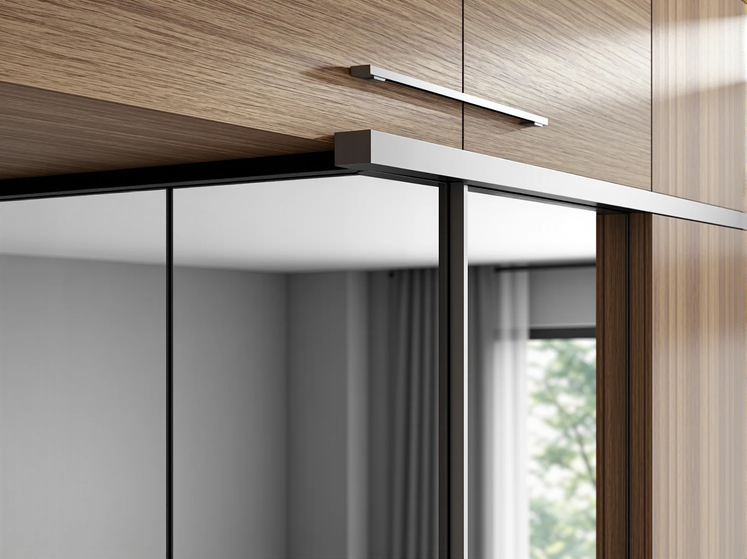 Pojemne wnętrze szafy przesuwnej z półkami i drążkami – idealne rozwiązanie do przechowywania w małym mieszkaniu.