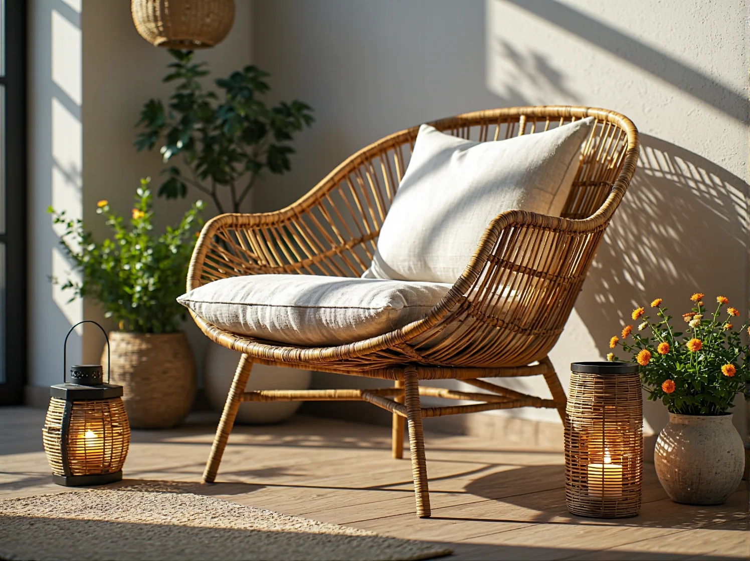 Drewniane meble balkonowe i skrzynki z ziołami jako element rustykalnej aranżacji małej przestrzeni.