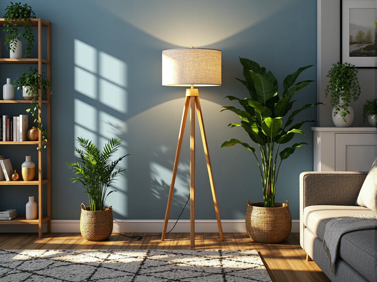 Smukła lampa stojąca z abażurem dodająca przytulności w ciasnym wnętrzu.