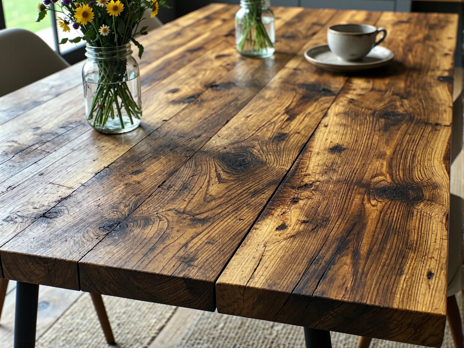 Zbliżenie na unikalną fakturę blatu z drewna tekowego z recyklingu w stole ogrodowym.