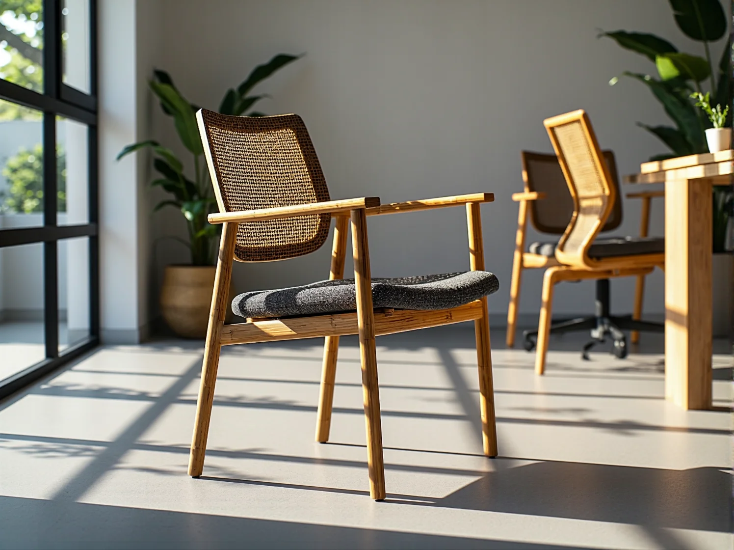 Stylowe meble biurowe i zrównoważone krzesła w industrialnym wnętrzu coworkingowym.