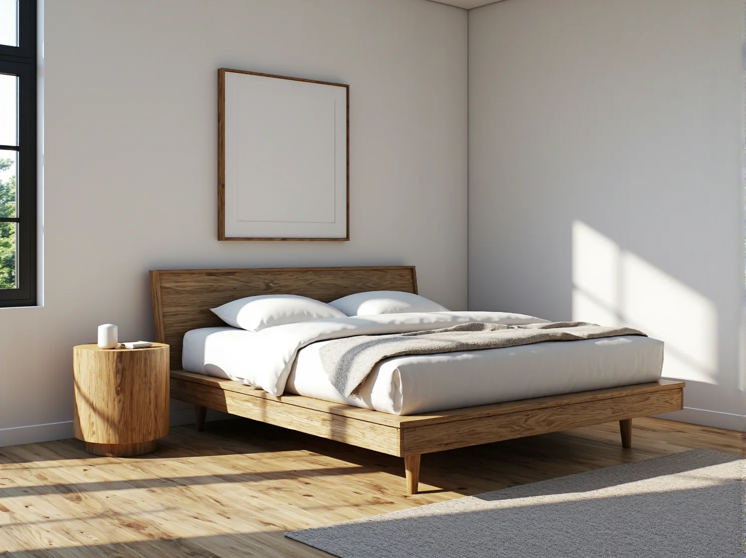 Minimalistyczna sypialnia z łóżkiem na drewnianych nóżkach w stylu scandi