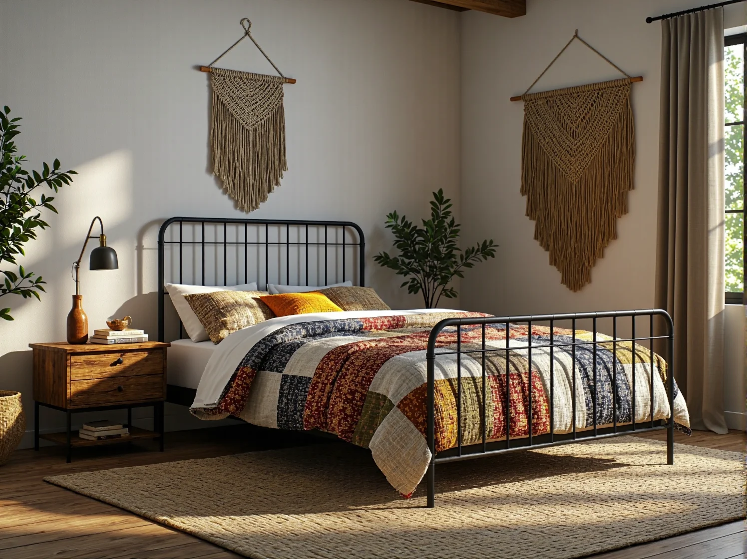 Sypialnia rustykalna, pomysły na mały metraż, drewniane akcenty, oszczędność miejsca.