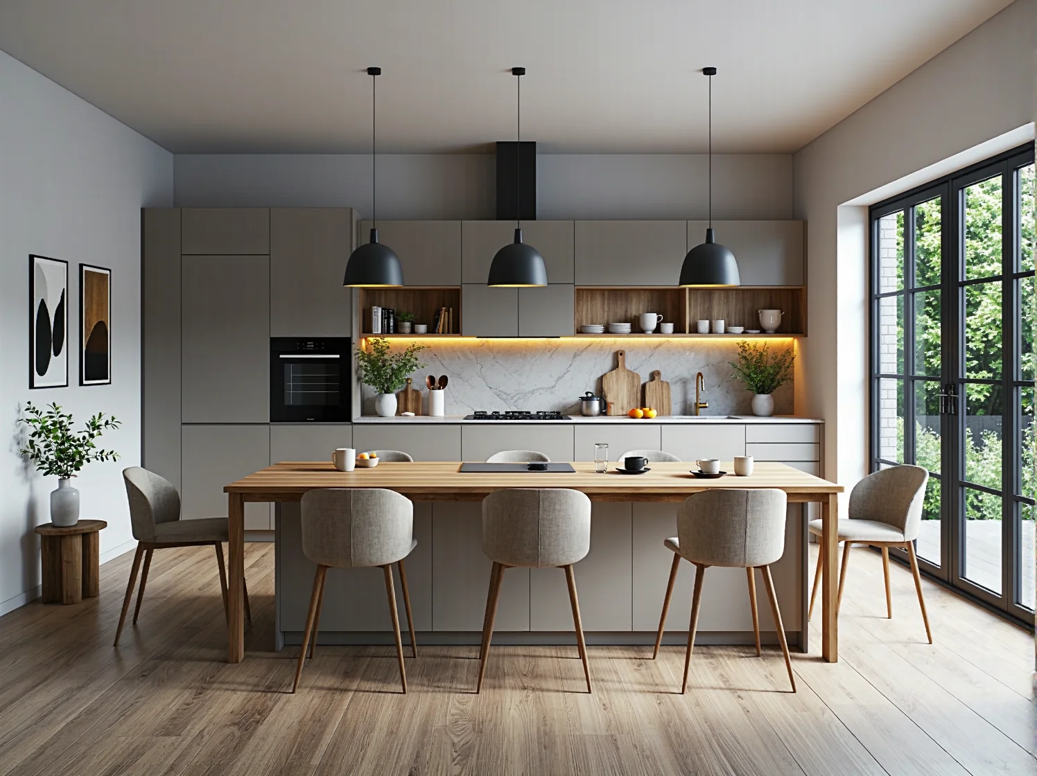 Wysoka zabudowa szafek kuchennych do sufitu w małym aneksie.