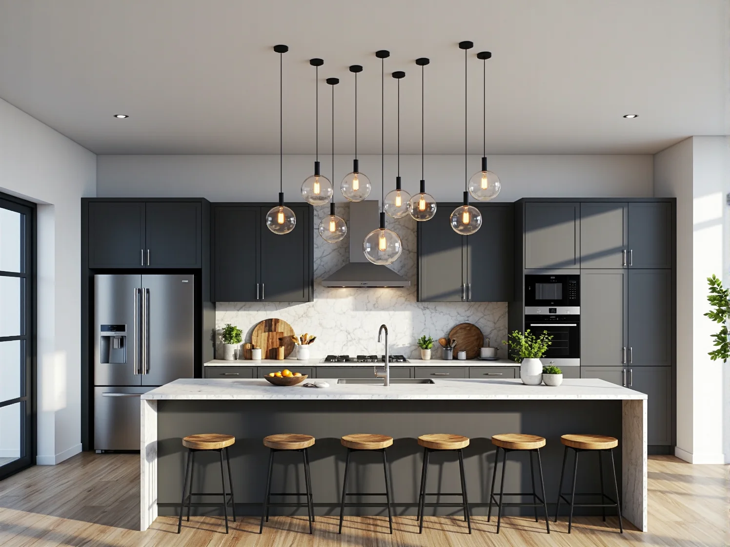 Szklane lampy wiszące do niskiego pokoju dodające wnętrzu lekkości.