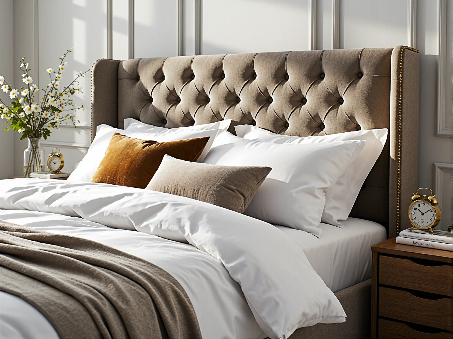 Zbliżenie na welurową tkaninę i ozdobne poduszki na łóżku w sypialni modern classic. Dobór materiałów i kolorów.