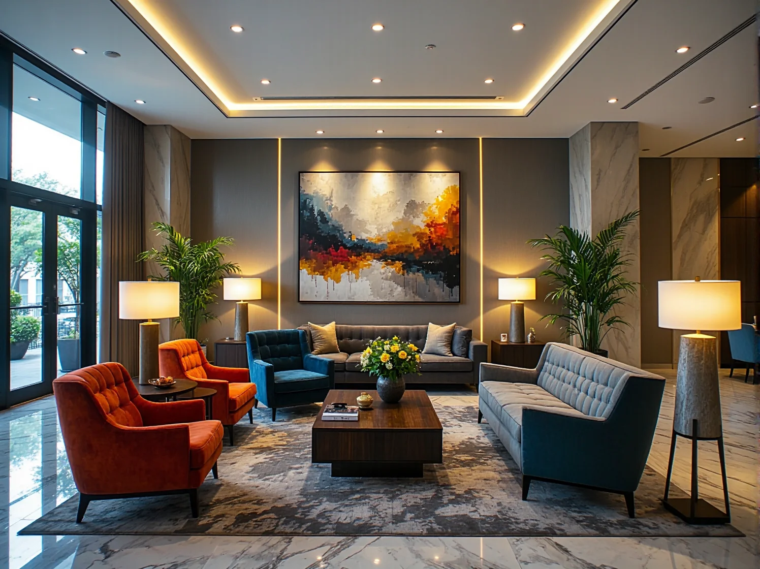 Zestaw mebli hotelowych z tapicerowanymi sofami i fotelami