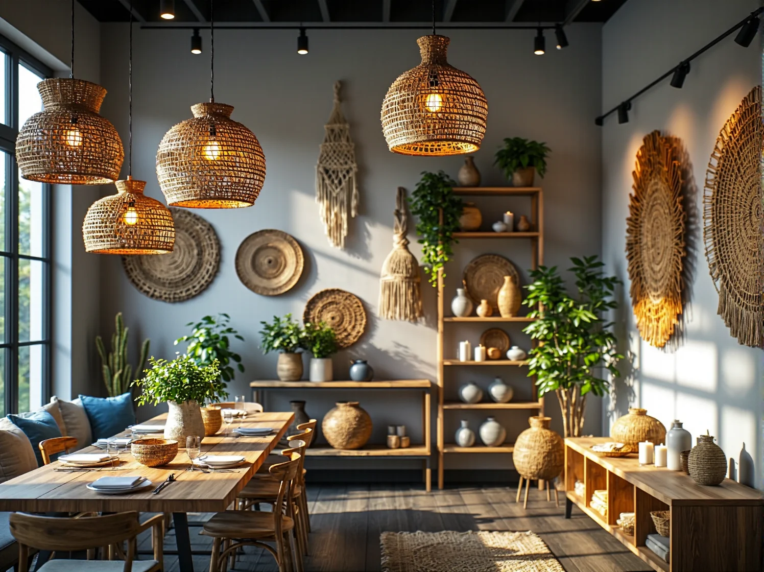 Jasne i przestronne wnętrze restauracji boho z wiszącymi donicami, lampionami i meblami z jasnego drewna.