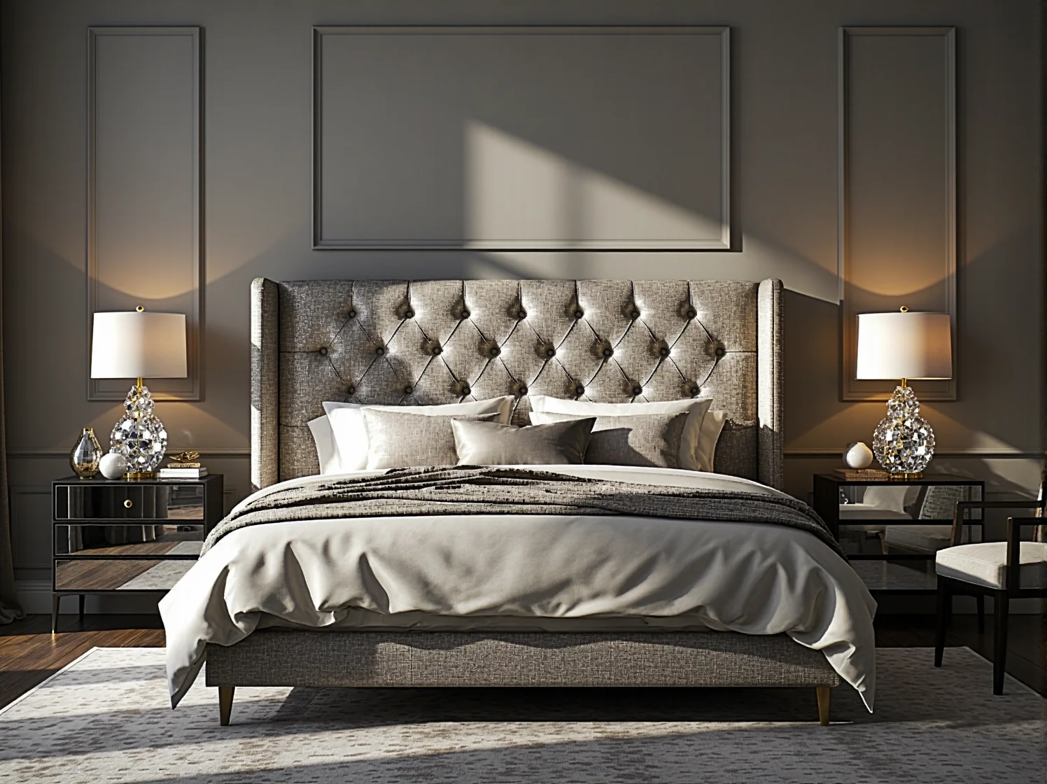 Współczesne wnętrze glamour: połączenie luksusowych materiałów i modernistycznego designu.