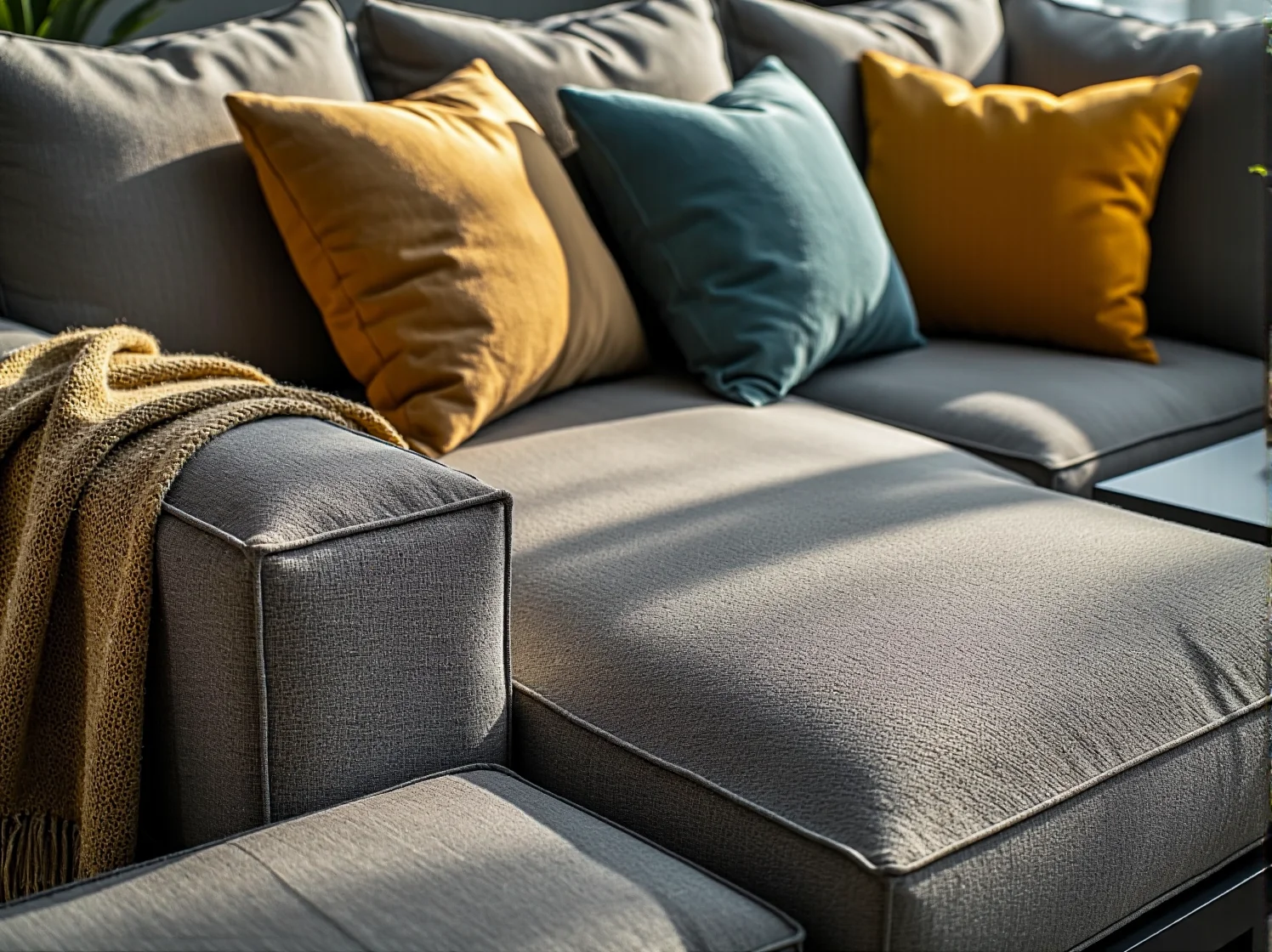 Wygodny szary narożnik ogrodowy z miękkimi poduszkami idealny do wypoczynku na świeżym powietrzu.