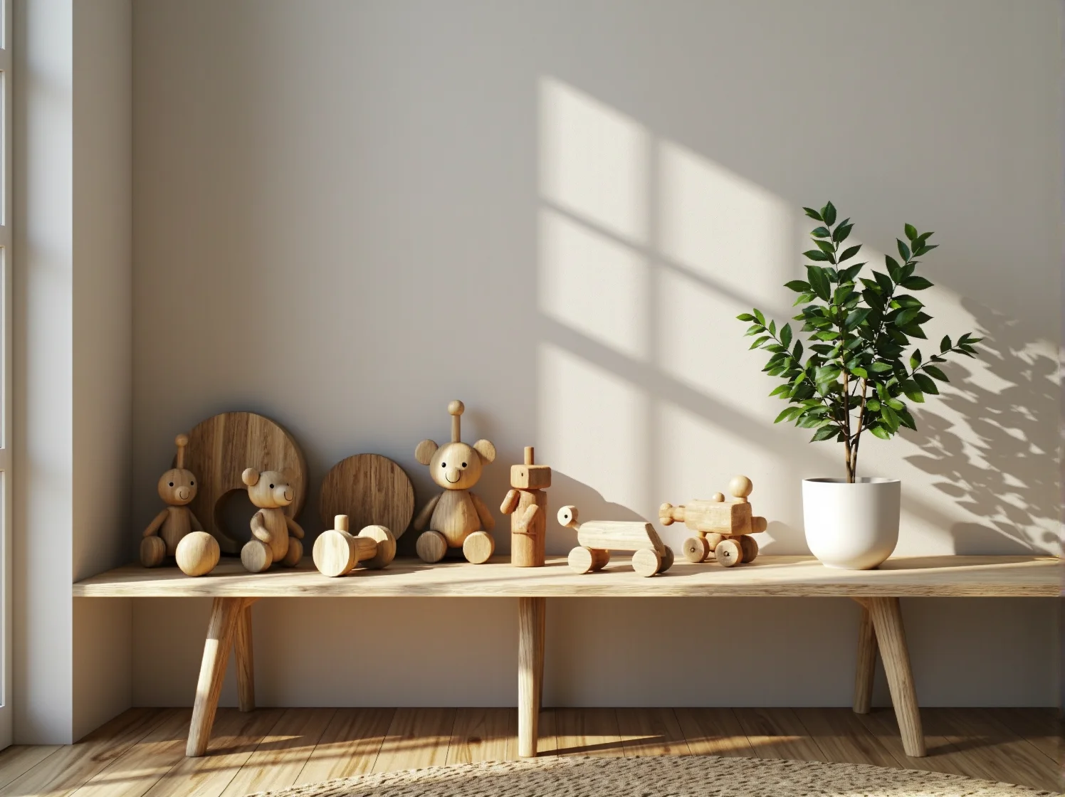 Dziecięce łóżeczko z naturalnego drewna stojące przy ścianie pomalowanej nietoksyczną, ekologiczną farbą w pastelowym kolorze...