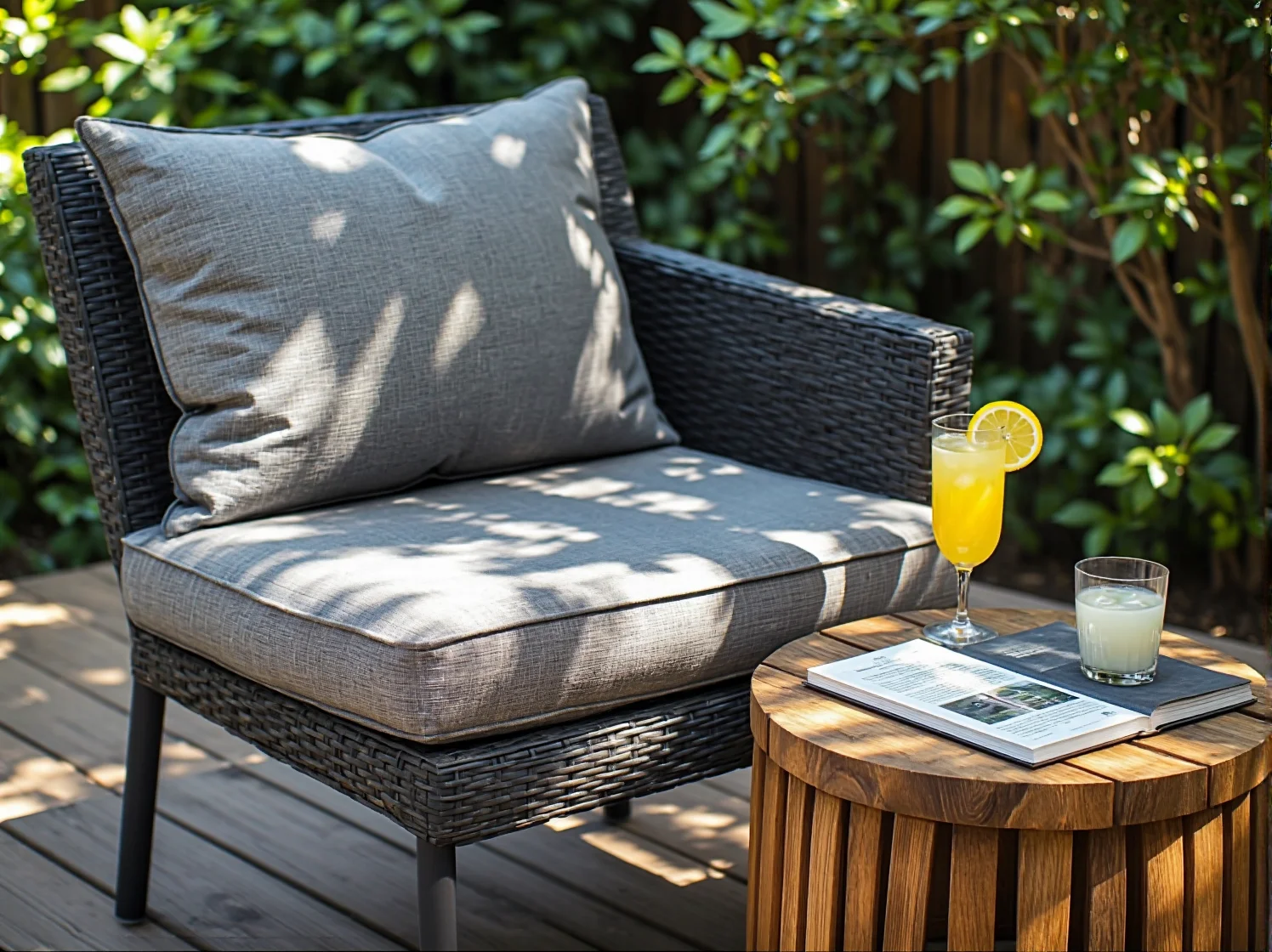 Zestaw mebli ogrodowych z technorattanu z szarymi poduszkami, idealny na deszcz i słońce.